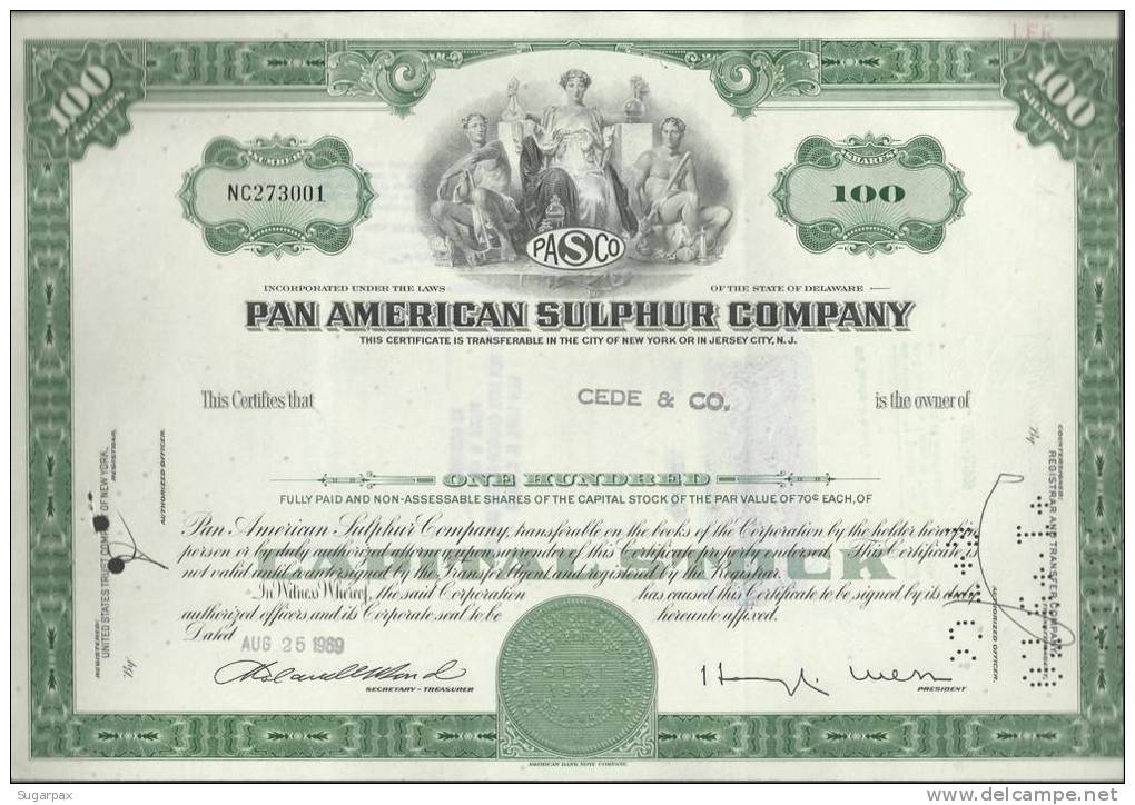 PAN AMERICAN SULPHUR COMPANY - 100 SHARES - 25.08.1969 - 2 SCANS - P - R