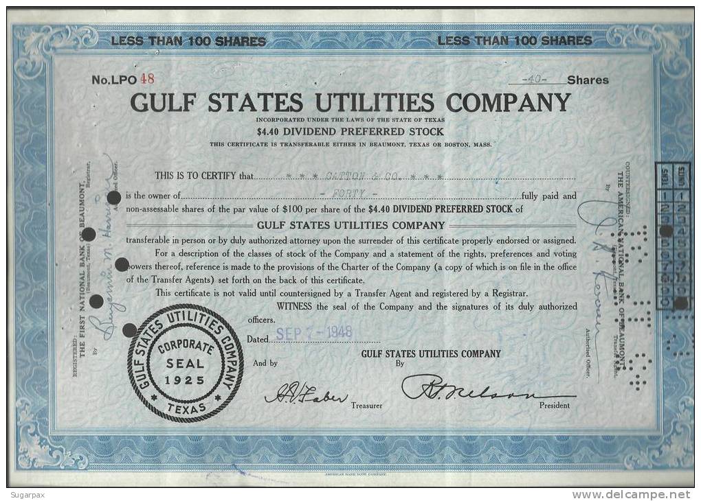 GULF STATES UTILITIES COMPANY - 40 SHARES - 07.09.1948 - 2 SCANS - G - I