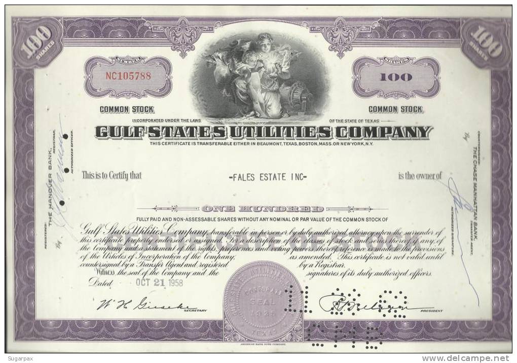 GULF STATES UTILITIES COMPANY - 100 SHARES - 21.10.1958 - 2 SCANS - G - I