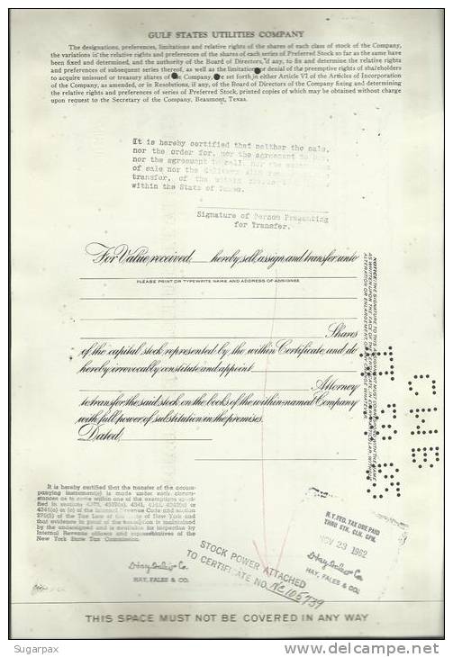 GULF STATES UTILITIES COMPANY - 100 SHARES - 21.10.1958 - 2 SCANS - G - I