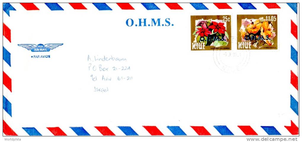 Niue Official Cover Airmailed To Israel 1990 Flowers O.H.M.S. Overprinted Postage Stamps - Niue