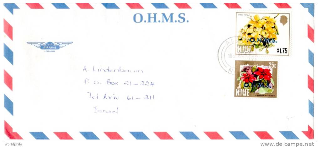 Niue Official Cover Airmailed To Israel 1992 Flowers O.H.M.S. Overprinted Postage Stamps - Niue