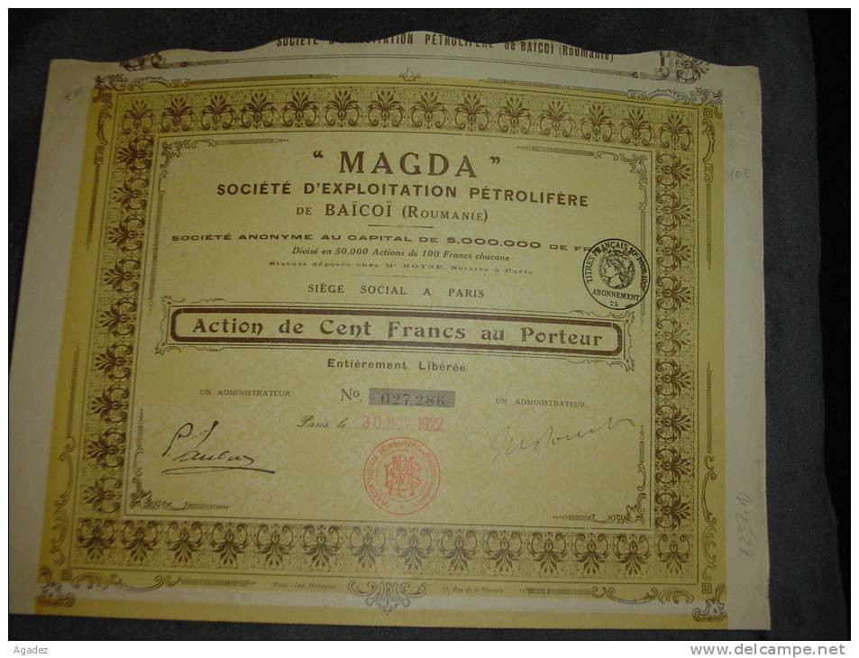 Action"Magda"Exploitation Petrolifère De Baïcoï Roumanie Romania 1922 Petrole Bon état,avec Tous Les Coupons - Pétrole
