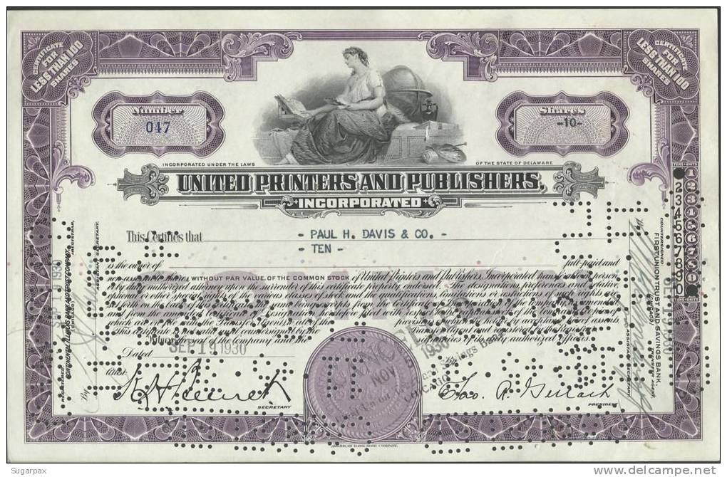 UNITED PRINTERS AND PUBLISHERS - 10 SHARES - 19.09.1930 - 2 SCANS - S - V