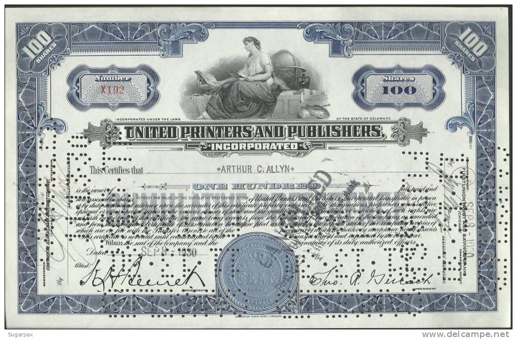 UNITED PRINTERS AND PUBLISHERS - 100 SHARES - 08.09.1930 - 2 SCANS - S - V