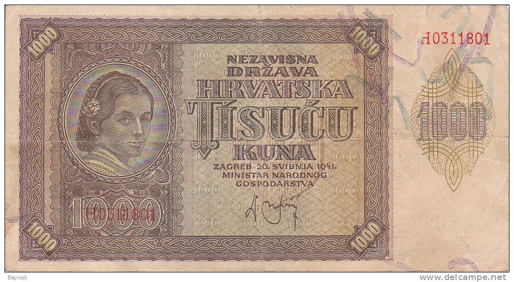 CROATIA  -  NDH  --  NEZAVISNA DRZAVA HRVATSKA  ---  1000 KUNA - Croatie