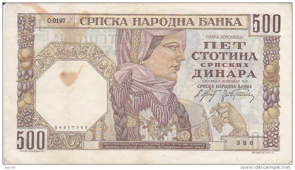 SERBIA  -  500 DINARA   --  1941 - Serbien