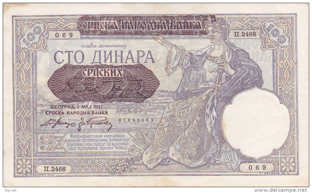 SERBIA  -  100 DINARA   --  1941   --  WW2 - Serbien