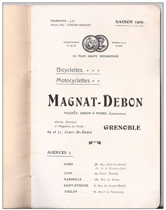"MAGNAT-DEBON".   Cycles Et Motocycles.  Constructeurs  à Grenoble.   1909. - Publicités