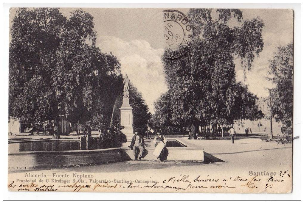 AMERICA CHILE SANTIAGO ALAMEDA NEPTUNE FOUNTAIN OLD POSTCARD 1906. - Chili