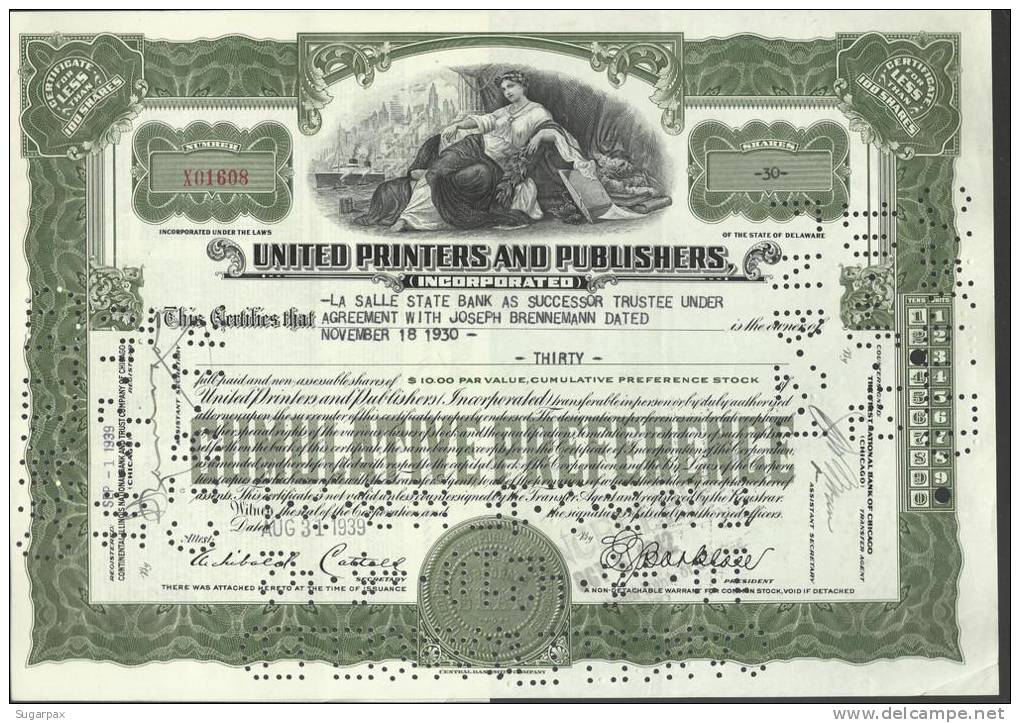 UNITED PRINTERS AND PUBLISHERS - 30 SHARES - 31.08.1939 - 2 SCANS - S - V