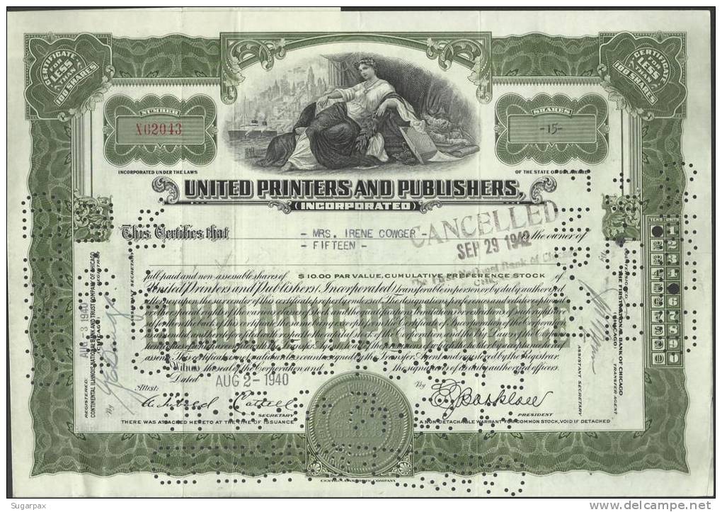 UNITED PRINTERS AND PUBLISHERS - 15 SHARES - 29.09.1942 - 2 SCANS - S - V