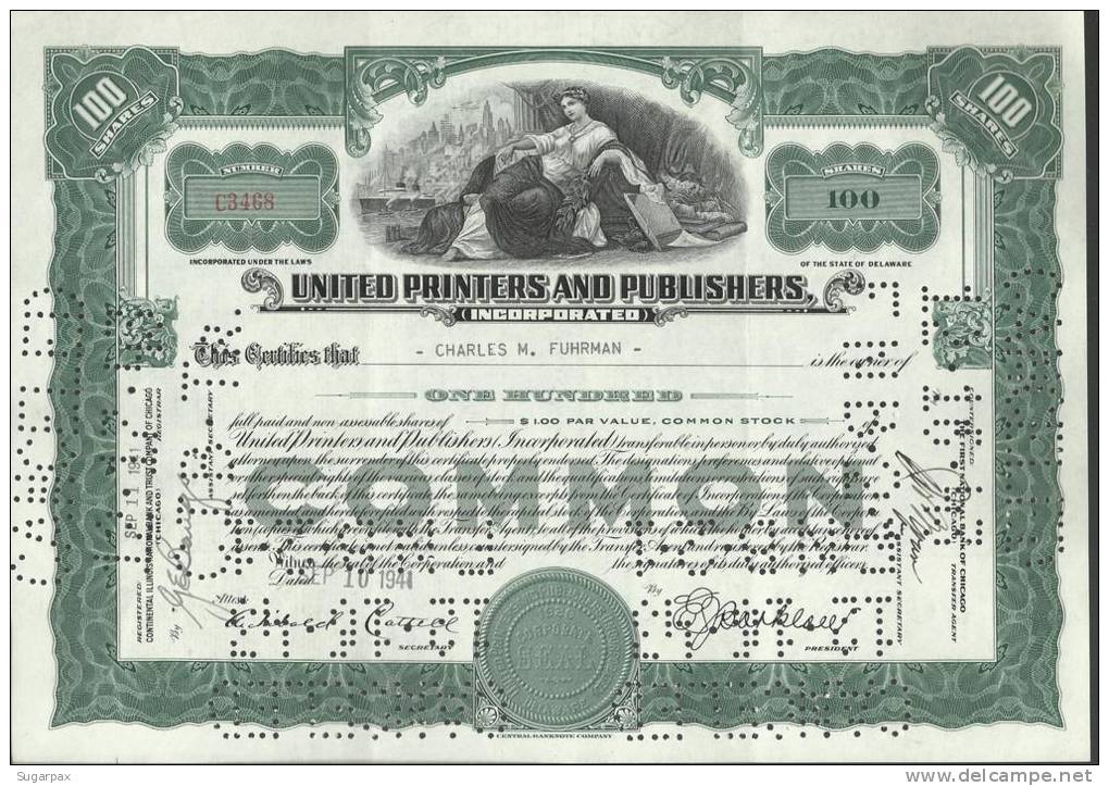 UNITED PRINTERS AND PUBLISHERS - 100 SHARES - 10.09.1941 - 2 SCANS - S - V