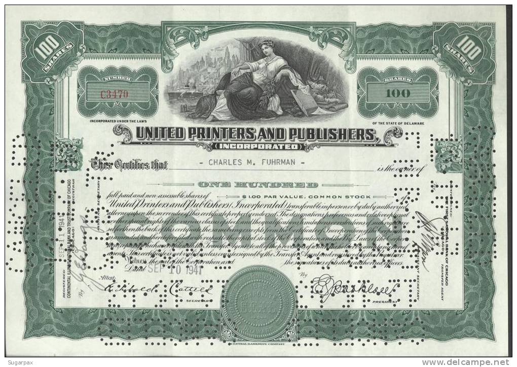 UNITED PRINTERS AND PUBLISHERS - 100 SHARES - 10.09.1941 - 2 SCANS - S - V