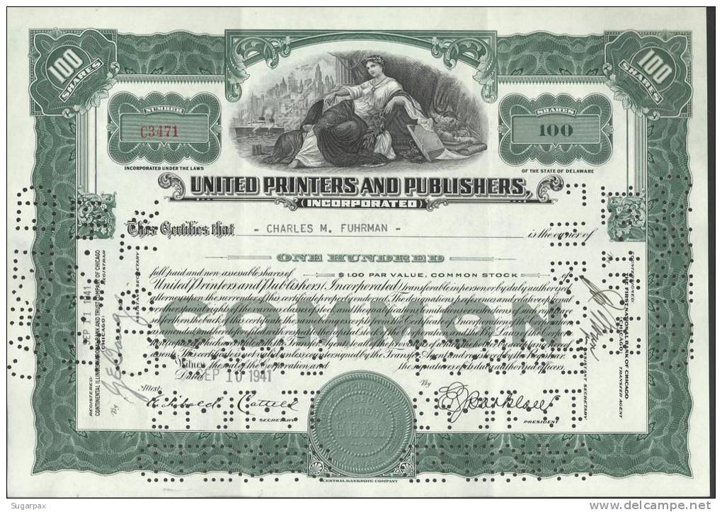 UNITED PRINTERS AND PUBLISHERS - 100 SHARES - 10.09.1941 - 2 SCANS - S - V