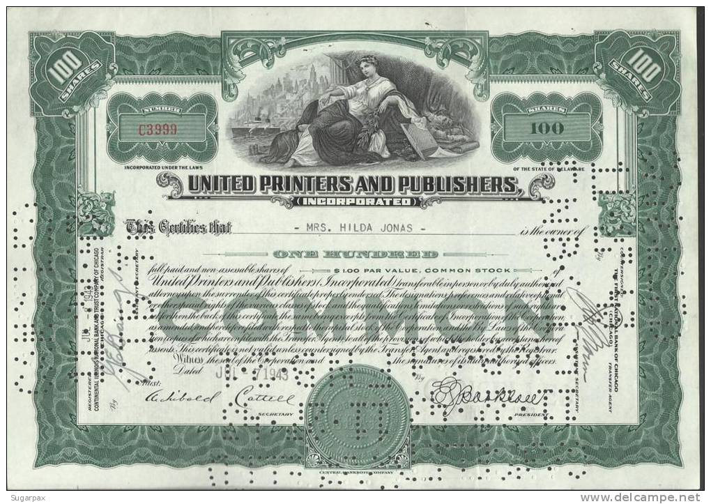 UNITED PRINTERS AND PUBLISHERS - 100 SHARES - 07.07.1943 - 2 SCANS - S - V