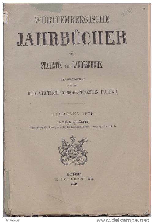 Württembergische Jahrbücher Für Statistik Und Landeskunde 1879, II.Bd, II H., U.a. Württemberger Auf  Der Uni Straßburg - 4. 1789-1914