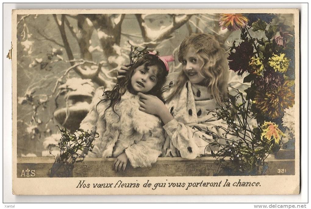 Portrait 2 Enfants Petites Filles - Gui Porte-bonheur - Voeux Chance Nouvel An  - Colorisée - Ecrite / Timbrée 1906 - Groupes D'enfants & Familles