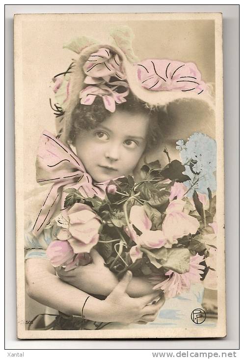 Portrait Enfant - Petite Fille Fleurs Et Rubans - Colorisée P. P. & Détails Peints Main Dorés - Ecrite / Timbrée 1907 - Ritratti