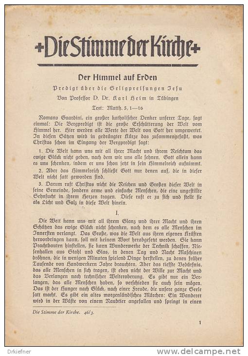 Der Himmel Auf Erden, Predigt Von Karl Heim 1946 über Die Seligpreisungen Jesu, Mth. 5, 1-16 - Christianism