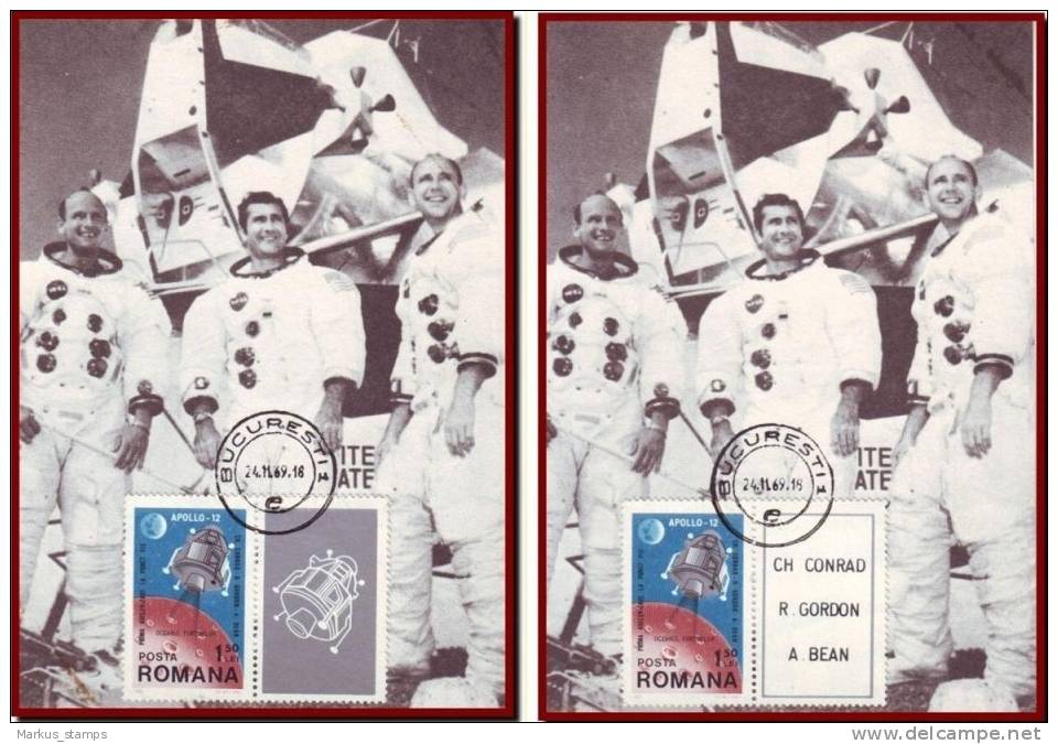 Romania 1969 - Apollo 12 Set Of 2 Maxicards, Different Labels, Space Mission Maximum Cards FDI - Europe