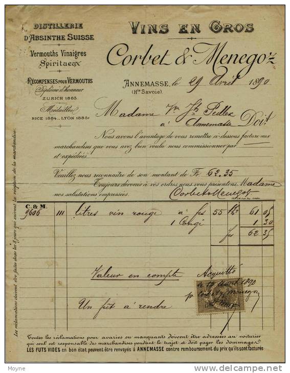 F 50 - Facture- Hte Savoie - ANNEMASSE -de Corbet Et Menegoz - ABSINTHE SUISSE - VINS EN GROS   - à Mme PEILLEX 1890 - Alcools