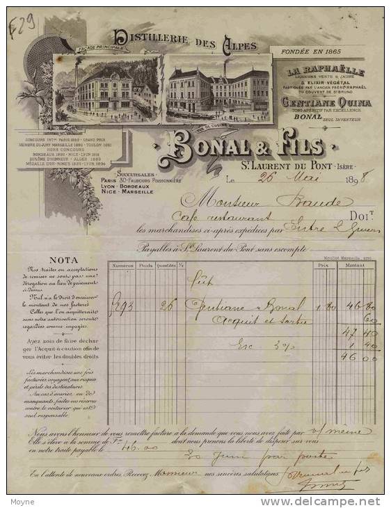 F 29 - Isére - BONAL & FILS QUINA GENTIANE ALCOOL- St LAURENT Du PONT- FACTURE - De 1898 -DISTILLERIE Des ALPES - Prop. - Alcools