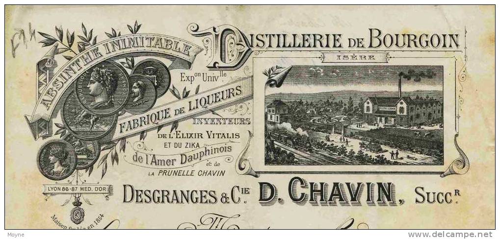 F 14 - Isére-FACTURE - De 1898 - DISTILLERIE De BOURGOIN  - ABSINTHE INIMITABLE  ...etc   Etc  ...- Prop. D. CHAVIN - Factures