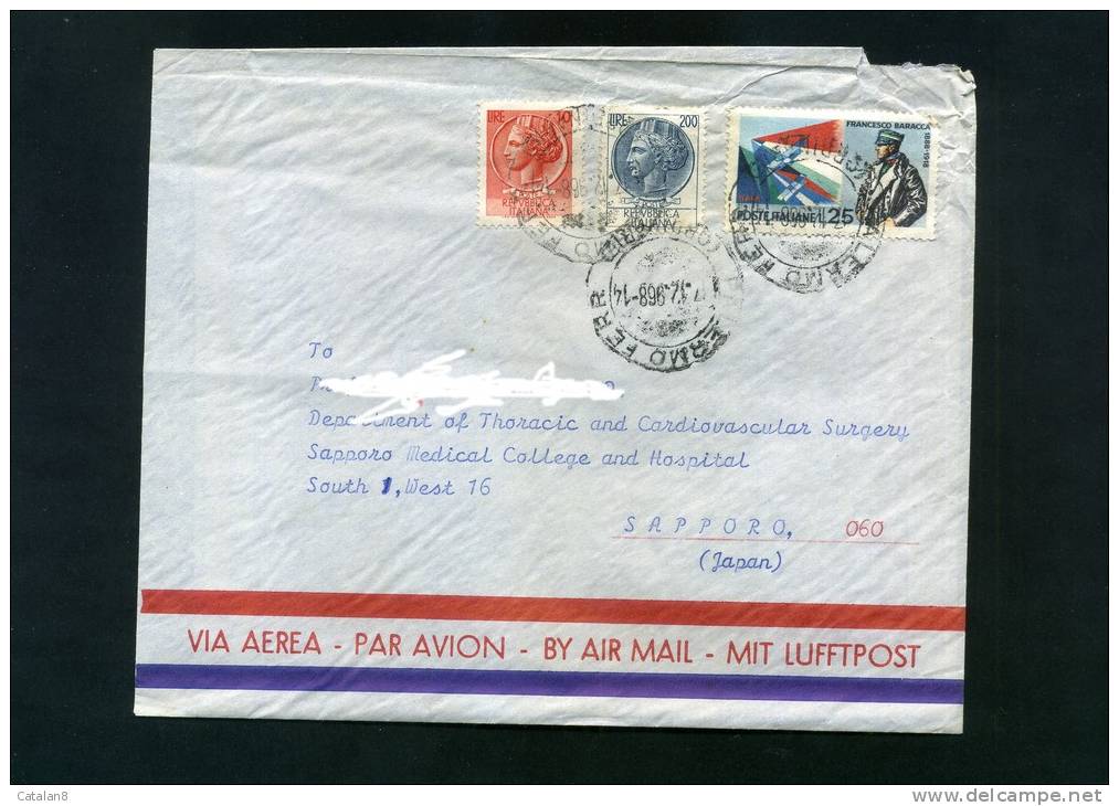 S3865 STORIA POSTALE POSTA AEREA PER ESTERO GIAPPONE L.25 BARACCA + L. 200 SIRACUSANA  NON FILATELICA - Airmail