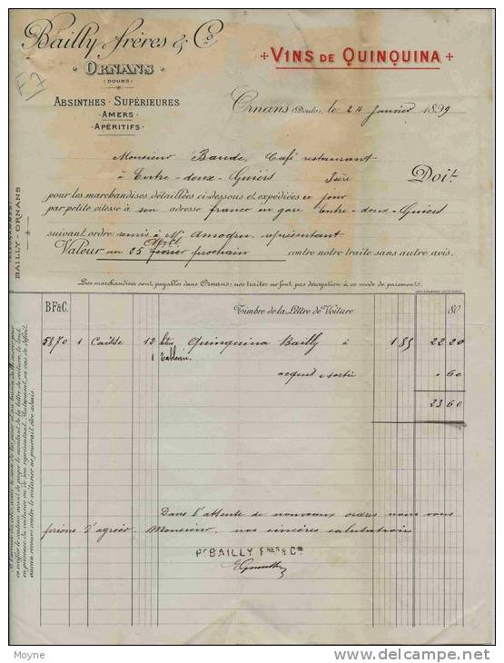 F 7 - Doubs  - ORNANS  - ABSINTHES SUPERIEURES LIQUEURS  1899 - Prop. BAILLY Fréres - Vins De Quinquina + Mandat - Alcools