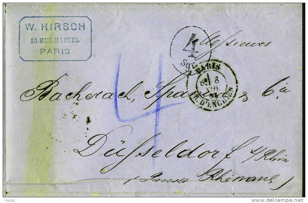 Sehr Alter Faltbrief Von Paris Vom 8. November 1865, Mit Strafporto Von 4 Silbergroschen, Von W. Hirsch 15. Rue Martell - 1863-1870 Napoléon III. Laure