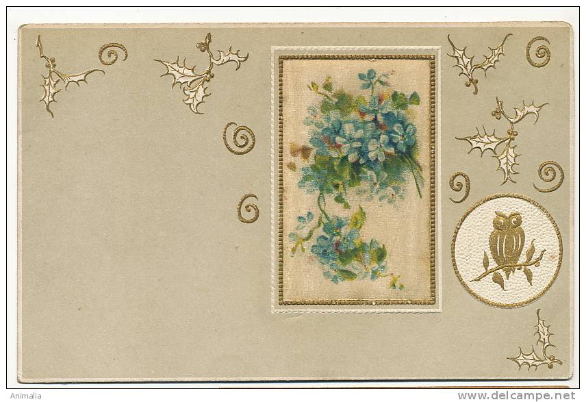Silk Painted Card,  Peinte Sur Soie Gaufrée Embossed Hibou, Chouette, Night Owl, Myosotis - Altri & Non Classificati