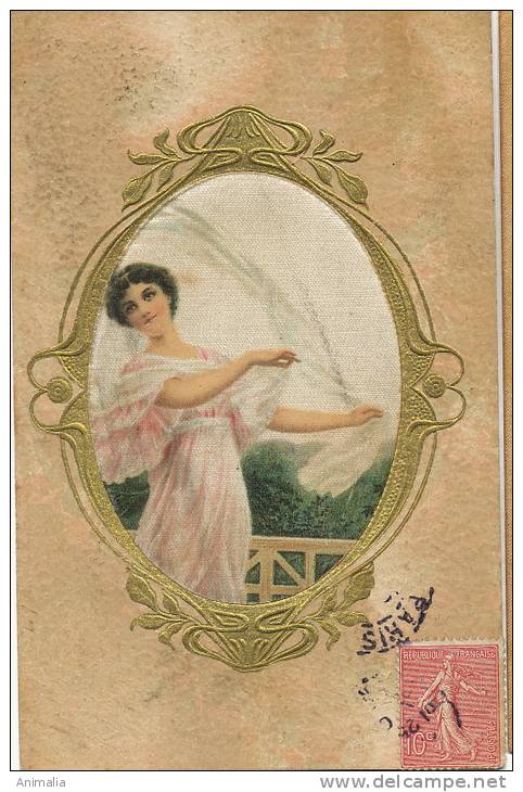 Silk Painted Card,  Peinte  Soie Gaufrée Embossed Jolie Femme Art Nouveau - Autres & Non Classés