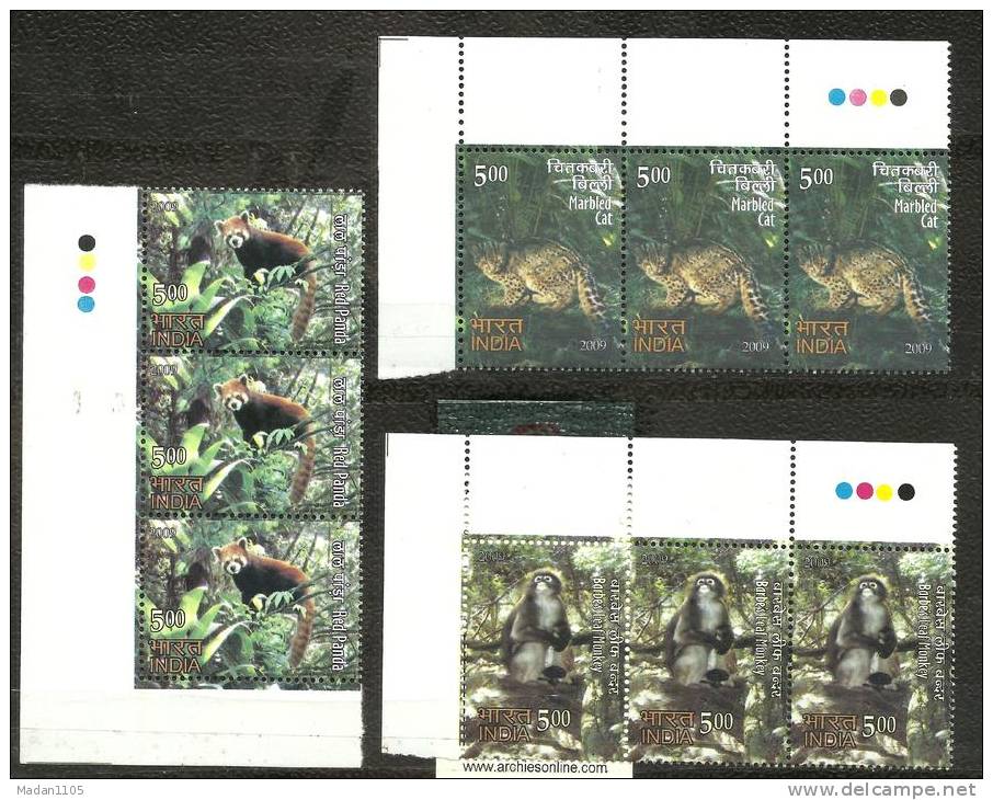 INDIA, 2009, Rare Fauna Set Of North East India,Set 3 V,Strip Of 3, Cat, Panda, Monkey, With Traffic Lights, MNH,(**) - Nuevos