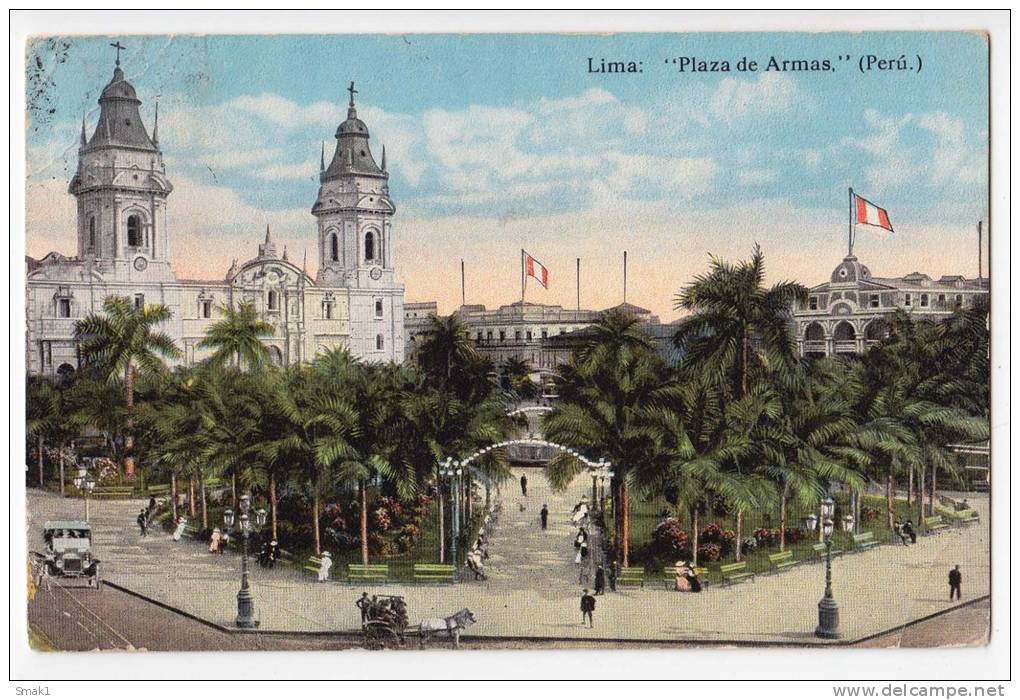 AMERICA PERU LIMA SQUARE OF WEAPONS JAMMED CORNER OLD POSTCARD 1929. - Perú