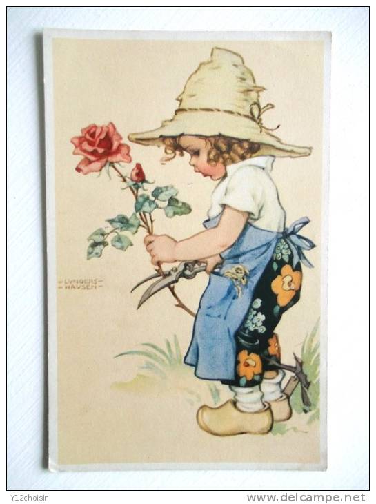 CPA ILLUSTRATEUR LUNGERS HAUSEN ENFANT JARDINIER AVEC SECATEUR ET ROSE FLEUR CHAPEAU - Hausen, Lungers