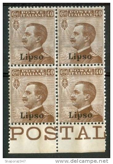 1912 Egeo (Lipso) 40c. Gomma Integra** - Ägäis (Lipso)