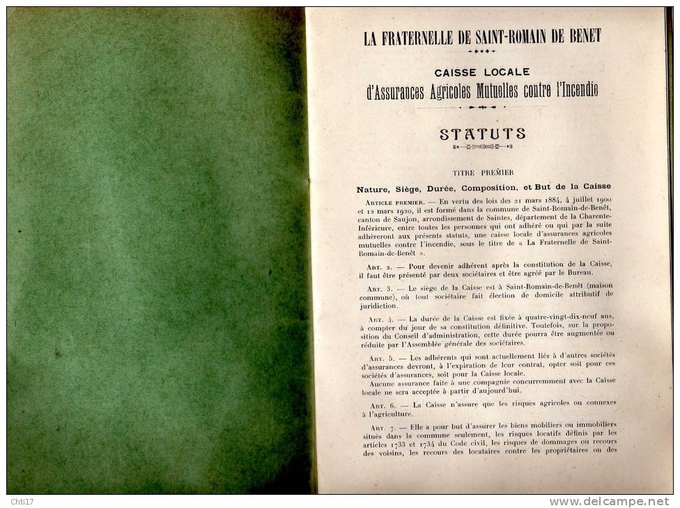 SAINT ROMAIN DE BENET/SAUJON/ARDT DE SAINTES /LIVRET CAISSE ASSURANCES AGRICOLES EDITE EN  1928 - Banque & Assurance