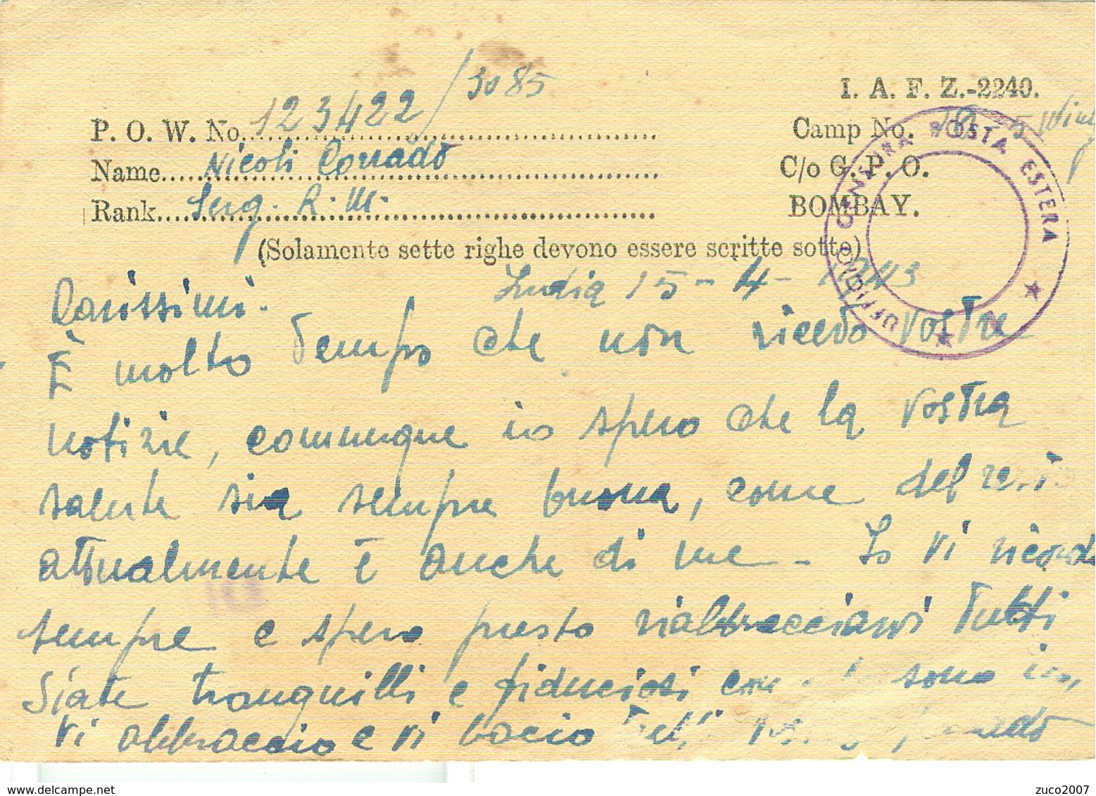 P.O.W., BOMBAY, INDIA, CARTOLINA DI PRIGIONIERO X CALCARA , BOLOGNA ,  1943, CENSURA POSTA , - Prigione E Prigionieri