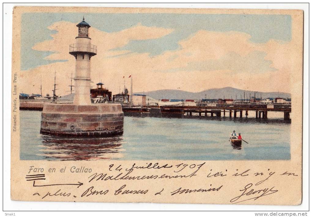 AMERICA PERU LIGHTHOUSE ON CALLAO EDUARDO POLACK OLD POSTCARD 1901. WITHOUT STAMP - Peru