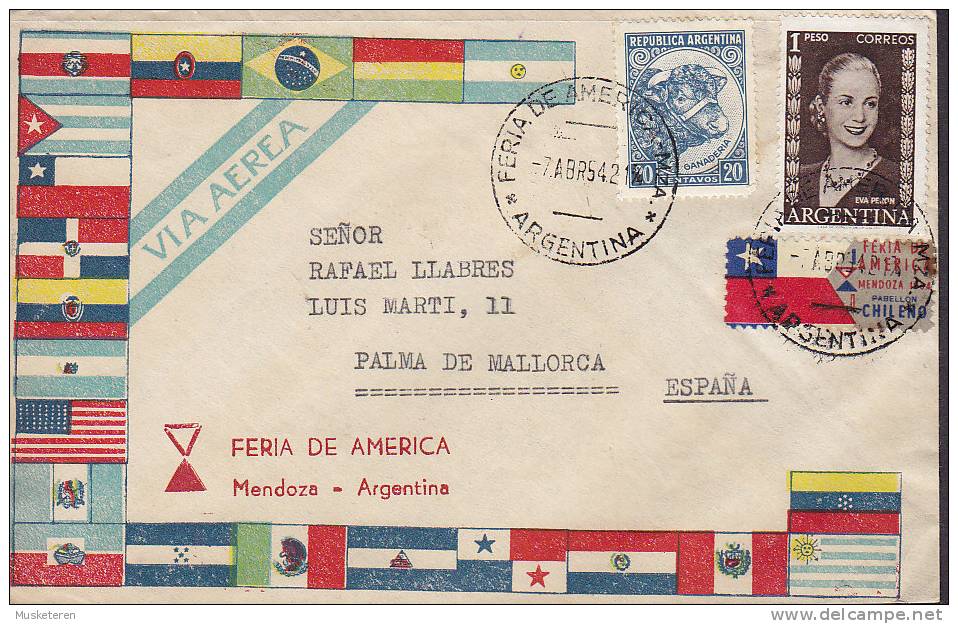 Argentina Airmail Via Aerea FERIA DE AMERICA Mendoza Label 1954 Cover Letra To MALLORCA Spain Eva Peron Flag Cachet - Airmail