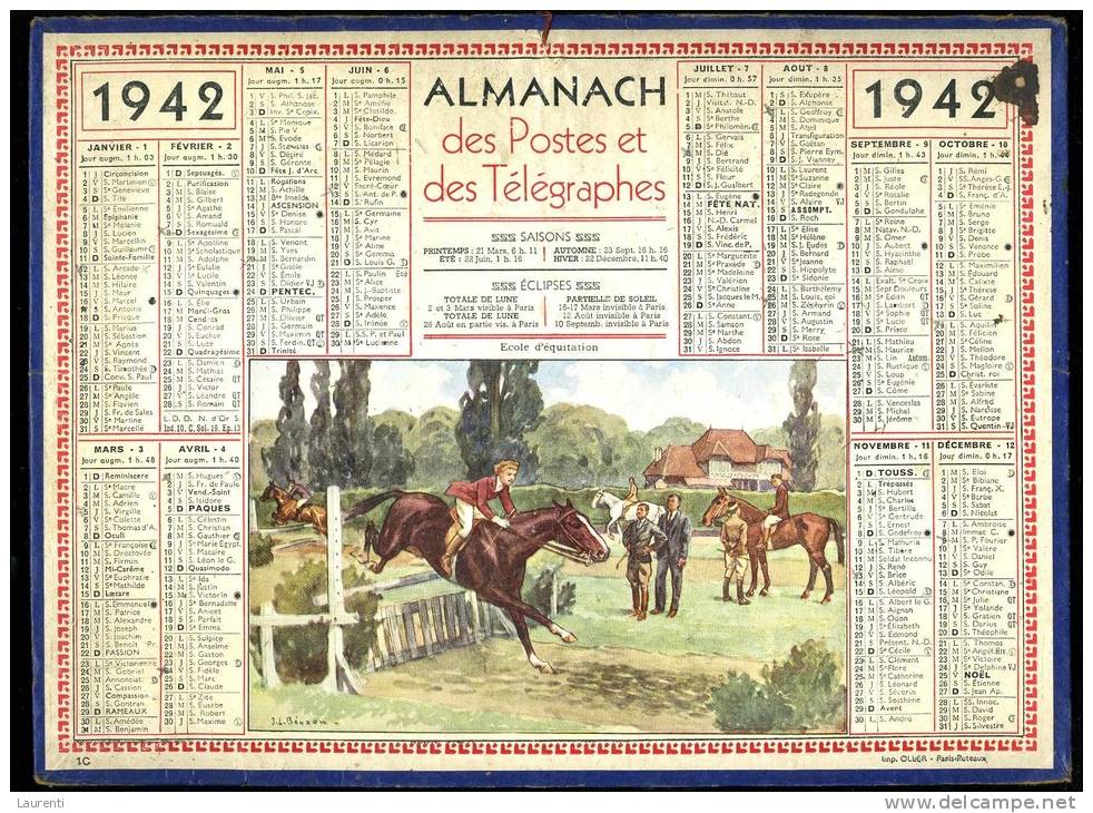 Calendrier 1942, école D'équitation, Cavalier,  Saut D'obstacle. - Grand Format : 1941-60