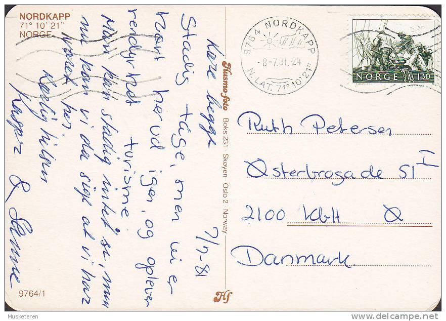 ## Norway PPC Deluxe NORDKAPP N. Lat. 71 10´ 21´´ 1981 To KØBENHAVN Ø Denmark (2 Scans) - Briefe U. Dokumente