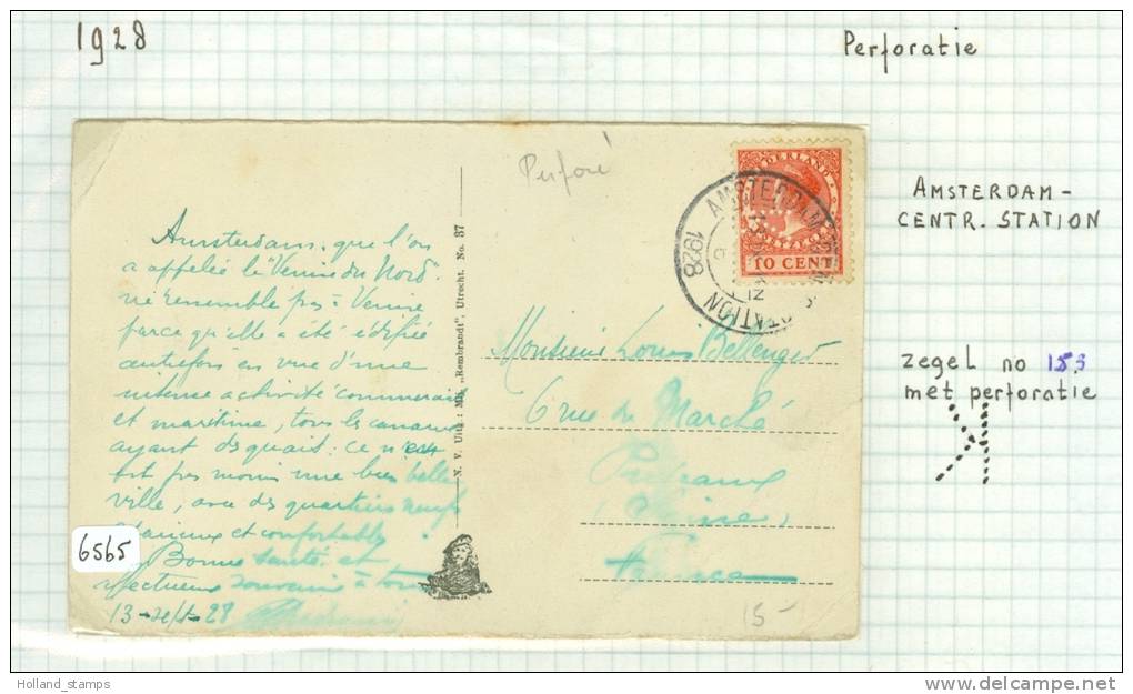 POSTKAART REMBRAND NR 37 NVPH Nr 153 Uit 1928 Van AMSTERDAM PERFORATIE Naar FRANCE (6565) - Lettres & Documents