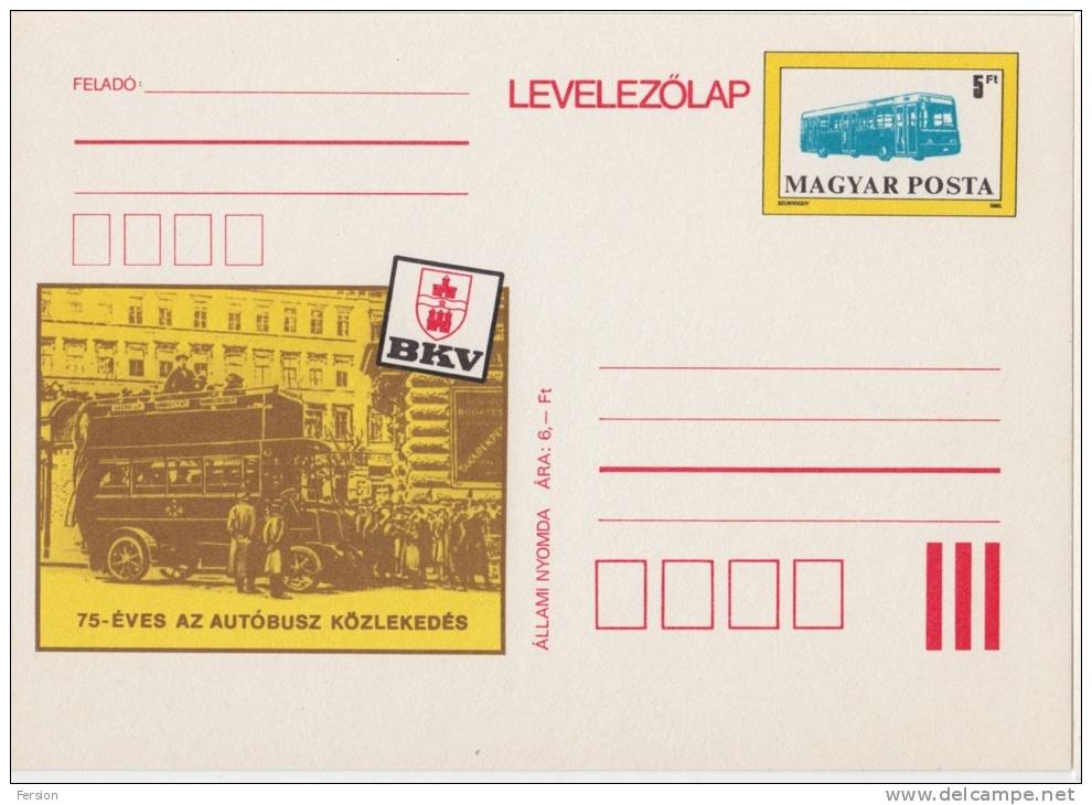 1990 - HUNGARY - 75th Anniv. BUS - AUTOBUS In BUDAPEST - STATIONERY - POSTCARD - MNH - Bus