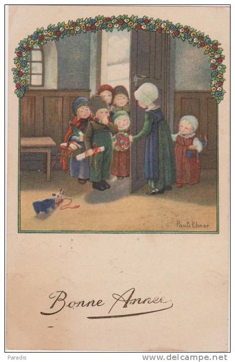 CPA  Pauli Ebner   "bonne  Année !" Petites Filles,couronnnr Fleurs,parchemin,champagne,cheval Bois  A R - Ebner, Pauli