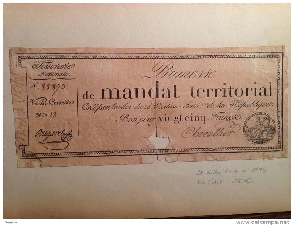 Promesse De Mandat Territorial De 25 Francs Du 28 Ventôse An IV 1794 RARE   FAIRE OFFRE - Assignate