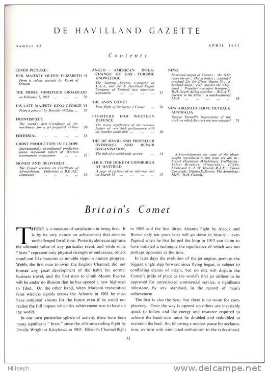 DE HAVILLAND GAZETTE - N° 68 - April 1952 - QUEEN ELISABETH II - KING GEORGE VI - Avion COMET - Etc     (2875) - Aviación