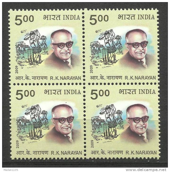 INDIA, 2009, R K Narayan, Cartoonist And Writer, Block Of 4,  Cartoon, Art, MNH, (**) - Unused Stamps