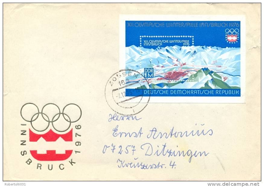 Germany DDR 1975 FDC With Souvenir Sheet 1 DM 12th Winter Olympic Games In Innsbruck 1976 - Winter 1976: Innsbruck